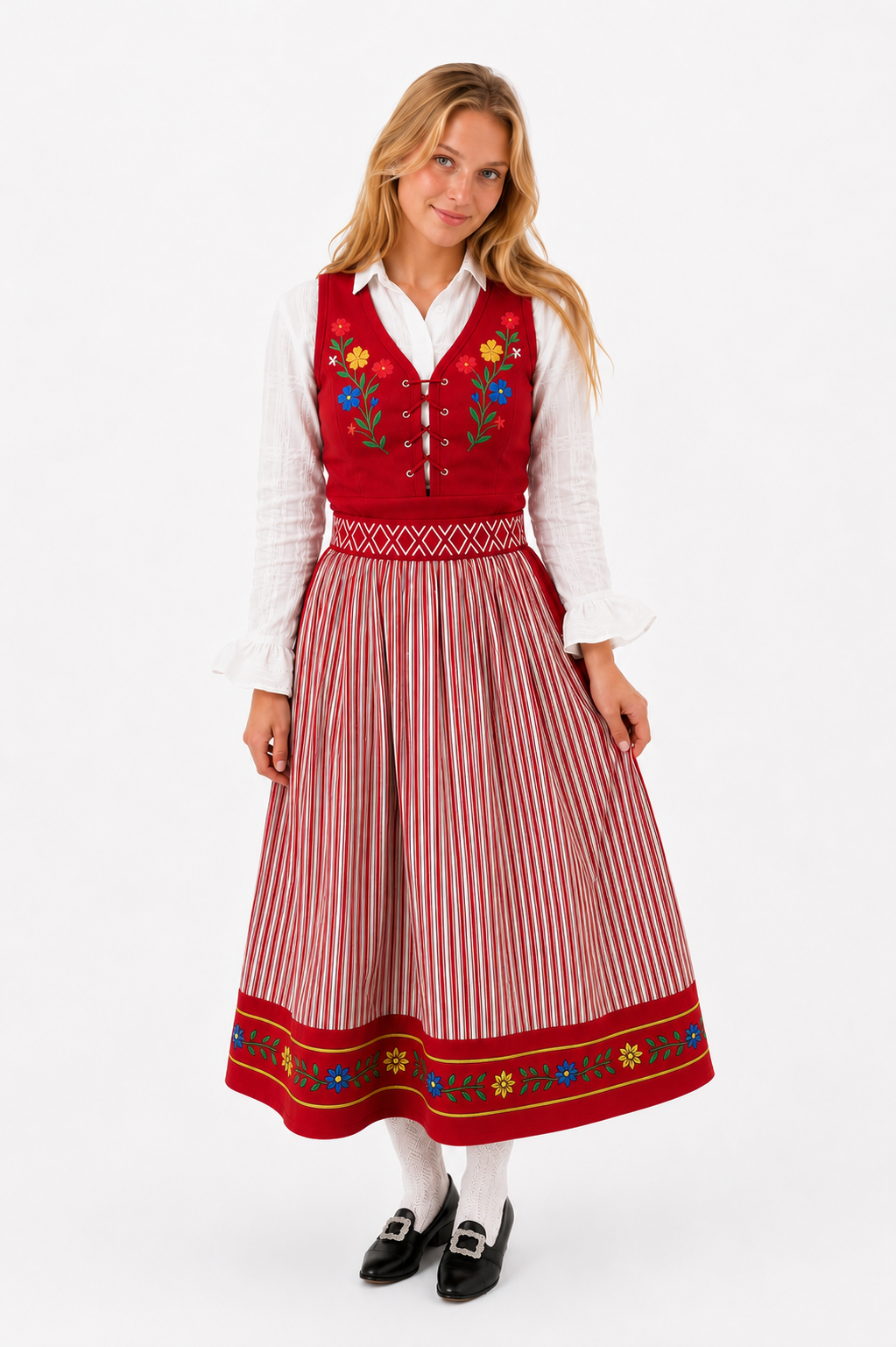 Broderad röd folkdräkt